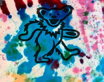 Hand-Dyed Grateful Dead Inspired Tie Dye Shirt - Dancing Dead Bear SPLATTER - Size L