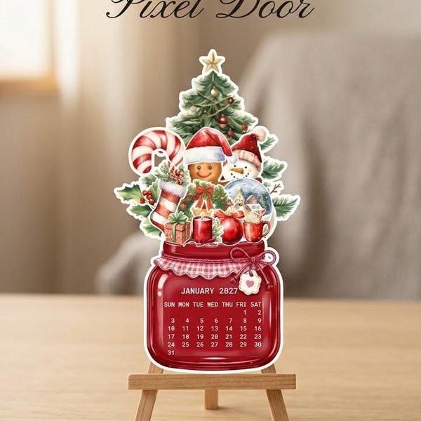 Calendário de mesa 2027 | Conjunto de 12 meses com decoração natalina em pote de vidro | Download digital | Mini calendário decorativo | Decoração de mesa para imprimir