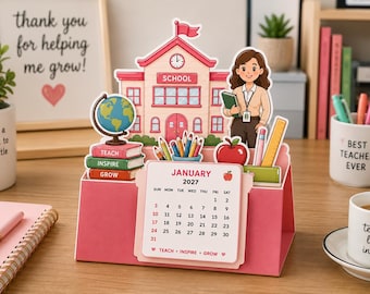 Lehrertischkalender 2027, Bastelvorlage für ein Schulhaus-Motiv, kleiner Mini-Tischkalender mit Ständer, DIY-Geschenk zur Wertschätzung von Lehrern