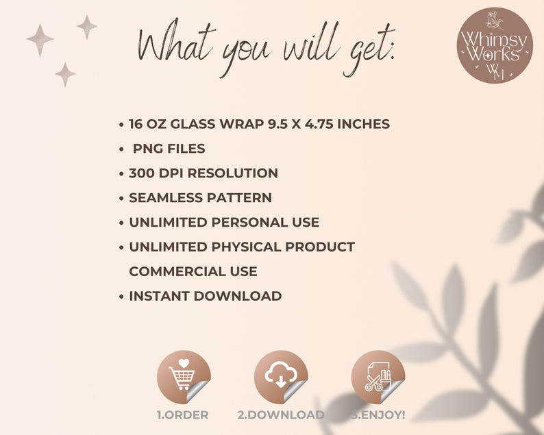 Whimsy Works: 16oz glass wrap, PNG files, seamless pattern, instant download.
