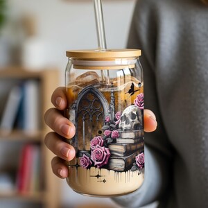 Gothic Skull and Roses Printed Glass Jar, Unique Coffee Mug with Lid, Spooky Kitchen Decor