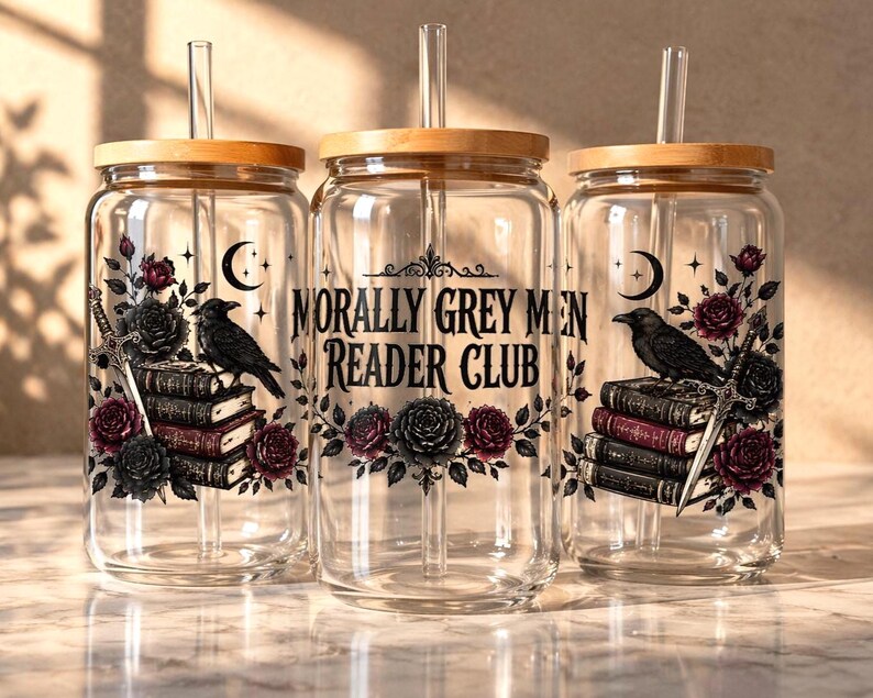 Three glass tumblers with "Morally Grey Men Reader Club" text, featuring books, roses, and a raven.