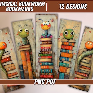 Whimsical Bookworm Bookmark PNG | Cute Printable Bookmarks | Book Lovers Gift | Book club ornament | Digital Download