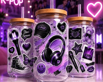 Kpop Glass Can Wrap PNG | Purple Kpop Uv Dtf Wrap | 16oz Libbey Glass Can Design | Kpop Fan Cup Wrap | Sublimation PNG Download