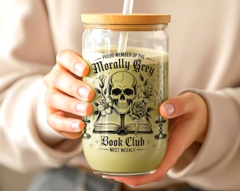 Morally Grey Book Club 16oz Glass Can Wrap PNG: Floral Skull Book Lover Sublimation Design | Dark Romance Libbey Glass Wrap