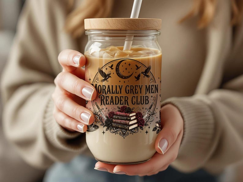 Jar with "Morally Grey Men Reader Club" text and books.