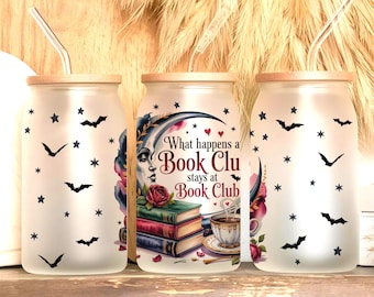 Witchy Book Club Libbey Glass Wrap PNG, Celestial Halloween 16oz Glass Can Design, Dark Romance Moon & Books Wrap, Gothic Sublimation PNG