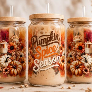 Diseño PNG de envoltorio para lata de vidrio con temática de calabaza y especias / Envoltorio para vaso Libbey de 473 ml / Diseño de tarro de vidrio con calabazas y café de otoño / Descarga para sublimación de otoño