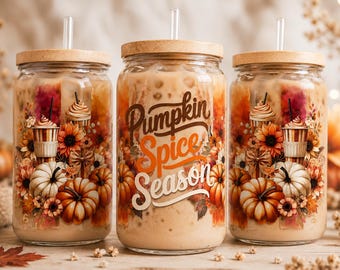 Pumpkin Spice Season Glass Can Wrap PNG | 16oz Libbey Cup Wrap | Fall Pumpkins & Coffee Glass Jar Design | Autumn Sublimation Download