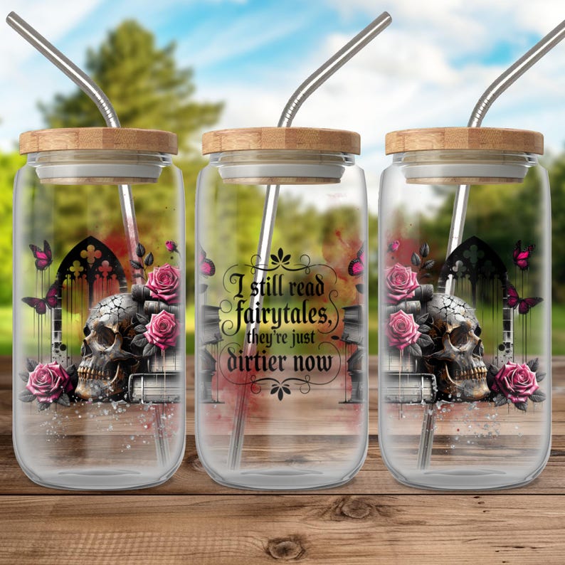 Gothic Skull Glass Tumblers, Fairy Tales Quote, Floral Design, Reusable Straw, Eco-Friendly Drinkware, Unique Gift Idea