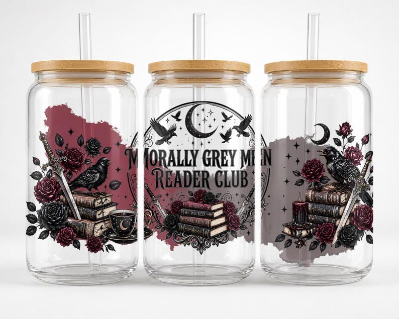 Three clear tumblers with dark, gothic-inspired designs and text.