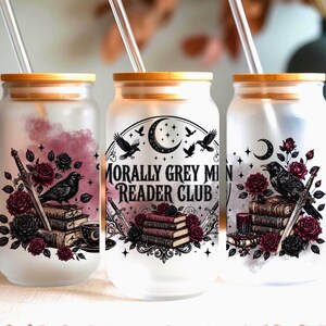 Frosted glass tumblers with "Morally Grey Mini Reader Club" text and dark floral designs.