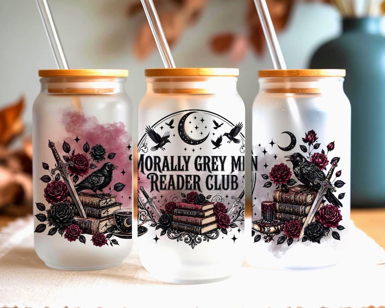 Frosted glass tumblers with "Morally Grey Mini Reader Club" text and dark floral designs.