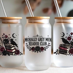 Frosted glass tumblers with "Morally Grey Men Reader Club" text and floral designs.