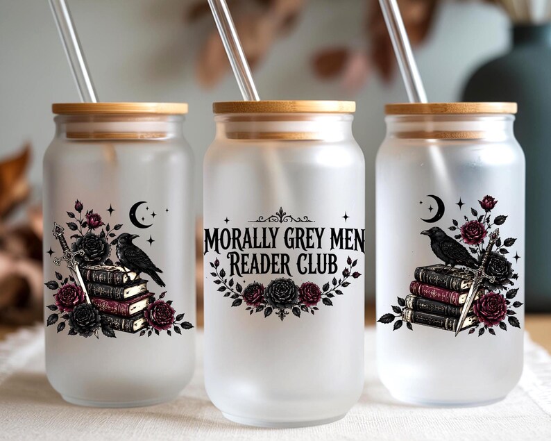 Frosted glass tumblers with "Morally Grey Men Reader Club" text and floral designs.