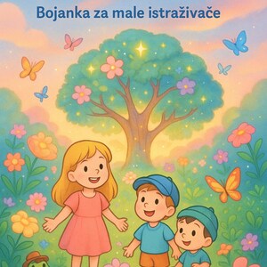 May include: A children's book cover with the title "Čarobna bašta" and the subtitle "Bojanka za male istraživače". The illustration features three children and a girl in a pink dress in a colourful garden with a tree and butterflies.