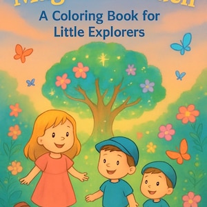 May include: A children's colouring book titled "Magical Garden" with the subtitle "A Coloring Book for Little Explorers." The cover features cartoon illustrations of children, flowers, butterflies, and a tree.