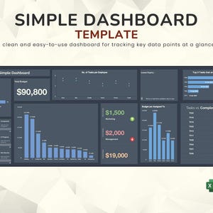 K&ouml;nnte beinhalten: Eine dunkelblaue Dashboard-Vorlage mit dem Text "SIMPLE DASHBOARD TEMPLATE". Das Dashboard zeigt Datenvisualisierungen, einschlie&szlig;lich Balkendiagrammen und numerischen Daten. Der Text "A clean and easy-to-use dashboard for tracking key data points at a glance."