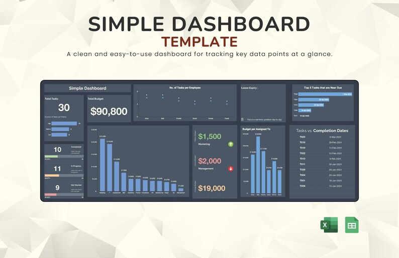 K&ouml;nnte beinhalten: Eine dunkelblaue Dashboard-Vorlage mit dem Text "SIMPLE DASHBOARD TEMPLATE". Das Dashboard zeigt Datenvisualisierungen, einschlie&szlig;lich Balkendiagrammen und numerischen Daten. Der Text "A clean and easy-to-use dashboard for tracking key data points at a glance."