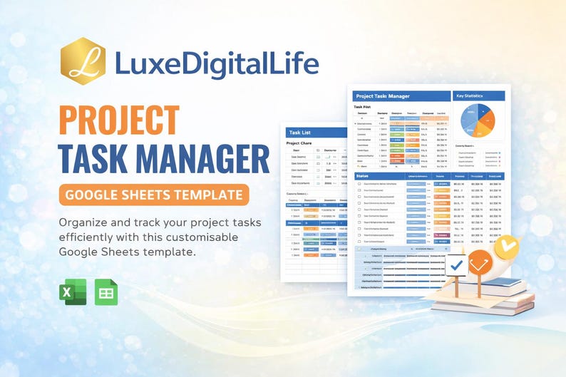 K&ouml;nnte beinhalten: Eine digitale Projekt-Task-Manager-Vorlage f&uuml;r Google Sheets. Das Bild zeigt eine Tabelle mit Aufgabenlisten, Projektdiagrammen und wichtigen Statistiken. Die Vorlage soll helfen, Projektaufgaben effizient zu organisieren und zu verfolgen. Das LuxeDigitalLife-Logo befindet sich oben links.