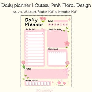 Agenda giornaliera / Modello di programma giornaliero floreale rosa carino stampabile / Elenco delle cose da fare / PDF compilabile / Formato A4, A5, Lettera USA / Agenda accogliente