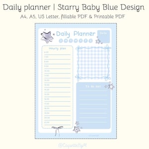 Planificador diario / Azul bebé con diseño de estrellas y lazos cromados / Horario diario por horas / Lista de tareas diarias / PDF rellenable / Tamaño A4/A5/Carta