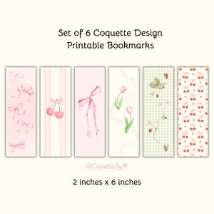 Set van 6 Coquette Design afdrukbare bladwijzers | Strikontwerp | Esthetische digitale bladwijzers | Bloemen bladwijzerbundel afdrukbaar | Boekachtig