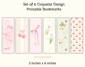 Set of 6 Coquette Design Printable Bookmarks | Bow Design | Aesthetic Digital Bookmarks | Floral Bookmark Bundle Printable | Bookish