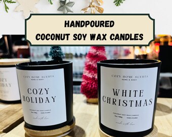 Velas de soja y coco vertidas a mano / Frascos de 7 oz en negro mate o blanco con tapas de madera