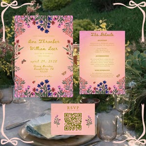 Roze bloemen boho tuin bruiloft uitnodiging suite grillige bloem canvas sjabloon romantische boho digitale uitnodiging aangepaste details RSVP-kaart