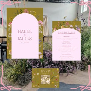 Modèle de faire-part de mariage de jardin de fleurs pressées, modèle de toile florale romantique, botanique, invitation numérique personnalisée, détails romantiques, carte RSVP