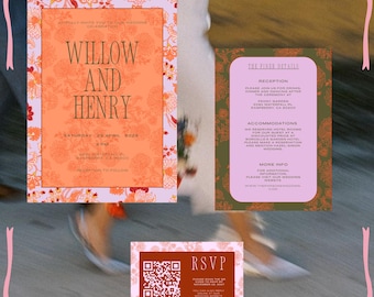 May include: A wedding invitation suite with an orange and pink floral design. The main card announces "Willow and Henry" and event details. Other cards provide RSVP and reception information. The suite is a complete set.