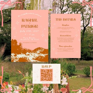 Boho Western Garten Hochzeitseinladung Set Coral Pink Mountain Canva Template Cowgirl Digital Invite Benutzerdefinierte Romantische Details Antwortkarte