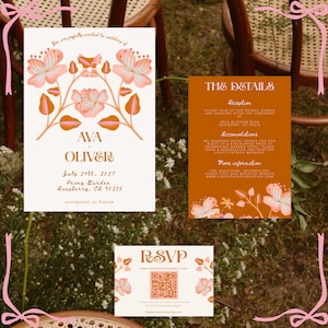 Boho bloemen bruiloft uitnodiging suite grillige boho canvas sjabloon unieke roest botanische digitale uitnodiging aangepaste details RSVP-kaart