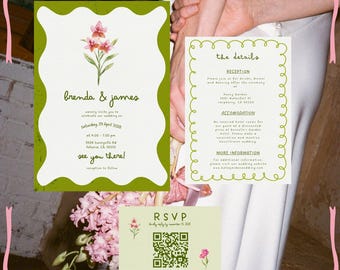 Puede incluir: Conjunto de invitaciones de boda con un diseño floral. La invitación incluye los nombres "brenda & james", detalles del evento y un aviso de recepción. Tarjetas adicionales proporcionan detalles de la recepción, información sobre el alojamiento y una confirmación de asistencia con un código QR.
