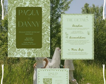 Puede incluir: Conjunto de invitaciones de boda en tonos verdes con diseños florales. La invitación incluye los nombres "Paola & Danny", detalles del evento y una tarjeta RSVP con código QR. El conjunto se presenta sobre un fondo natural.
