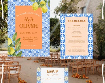 May include: Wedding stationery set with a blue and white tile design, orange backgrounds, and lemon motifs. The invitation announces AVA + OLIVER's wedding date and location. An RSVP and details card are also present.