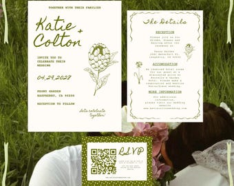 Puede incluir: Conjunto de invitaciones de boda con temática botánica. La invitación presenta los nombres "Katie + Colton", la fecha, el lugar y una ilustración floral. Las tarjetas adicionales incluyen detalles e información de RSVP, todo en una combinación de colores verde y blanco.