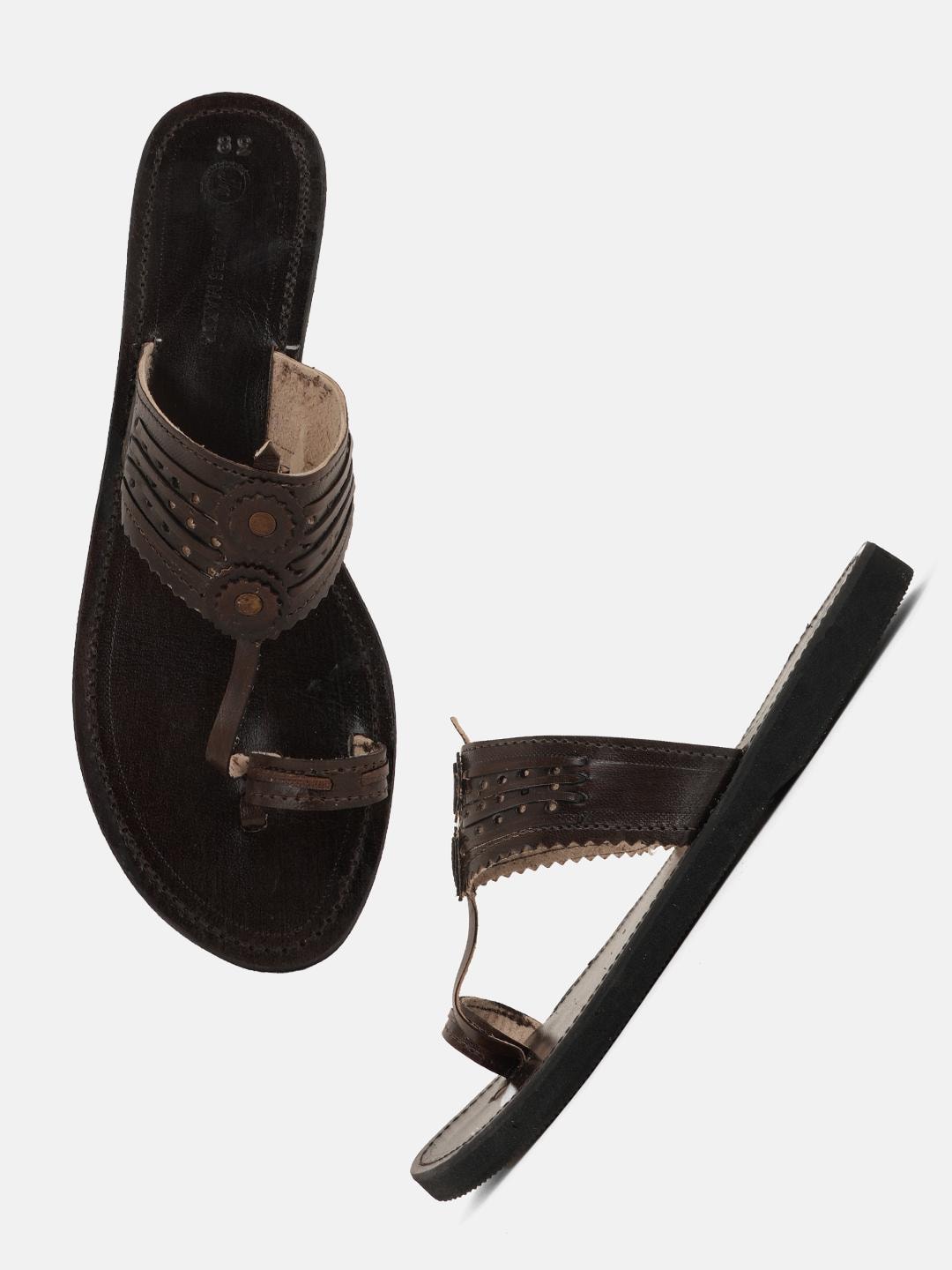 Handcrafted Leather Kolhapuri Slippers: Espresso Brown, Antique Brass