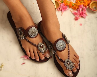 Jeweled Kolhapuri Chappal: Oxidized Jewelry Embellished Leather Sandals