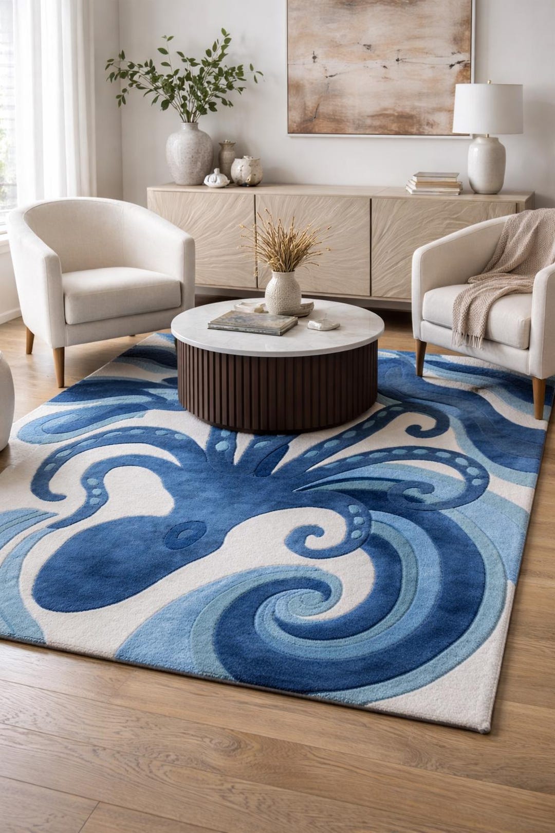 Blue Octopus Hand Tufted Rug – Modern Abstract Designer Carpet for ...