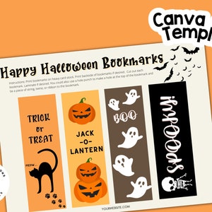 May include: Printable Halloween bookmark templates featuring a black cat, jack-o-lantern, ghost, and skeleton with the text "Trick or Treat", "Jack-O-Lantern", "Boo", and "Spooky!"