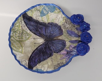 Blue Butterfly Scallop Shell Trinket Tray – Decoupage Dish with 3D Roses