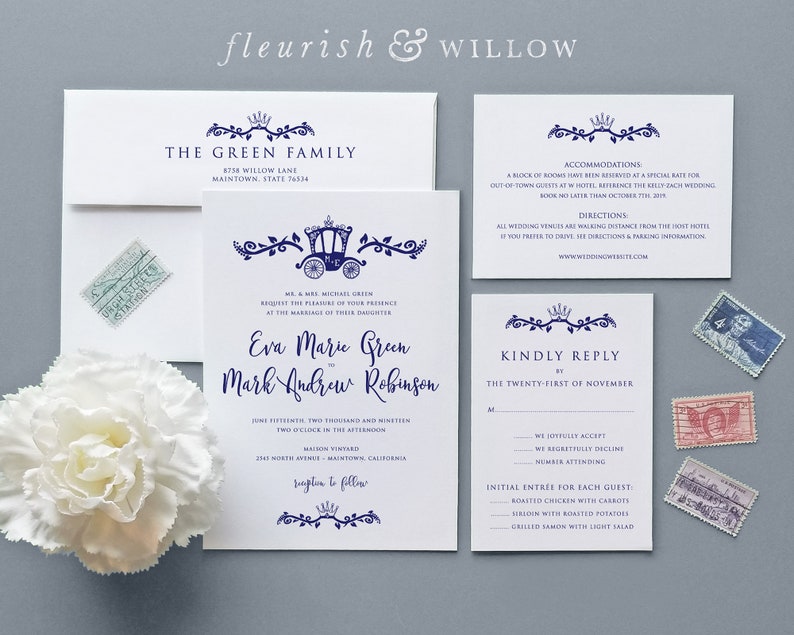 Royal Carriage Hand-drawn Wedding Invitation Suite Printable or Printed