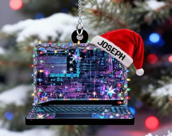 Holographic Custom Name Computer Programmer Ornament, Personalized Laptop Coding Design, Tech Christmas Tree Decor, Gift for Developer