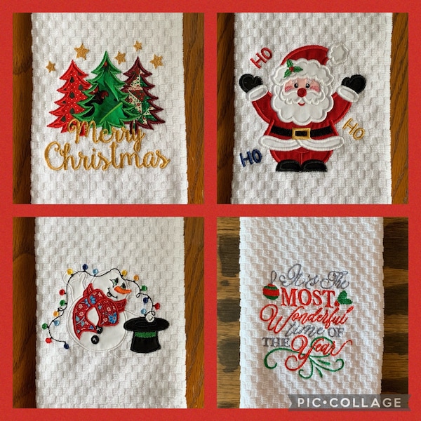 Embroidered kitchen towels, Christmas theme, waffle weave terry cloth, very large towel