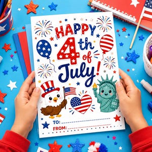 May include: A white rectangular card featuring the text Happy 4th of July in red and blue, decorated with illustrations of fireworks, a bald eagle wearing a patriotic hat, a heart-shaped American flag, and the Statue of Liberty on a blue background.