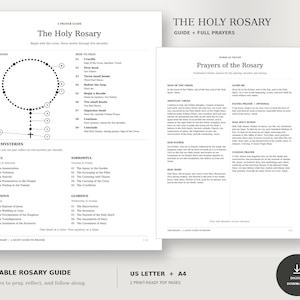 May include: A two-page printable prayer guide titled The Holy Rosary. The first page features a diagram of rosary beads and a list of mysteries. The second page contains the full text of traditional Catholic prayers including the Apostles' Creed.