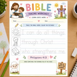 Puede incluir: Una hoja de trabajo de trazado bíblico con ilustraciones coloridas y el texto "BIBLE TRACING WORKSHEET LEARN GOD'S WORD". La hoja de trabajo incluye un versículo de Filipenses 4:13 y indicaciones para colorear y dibujar. También se ven lápices, un cuaderno y una taza de café.