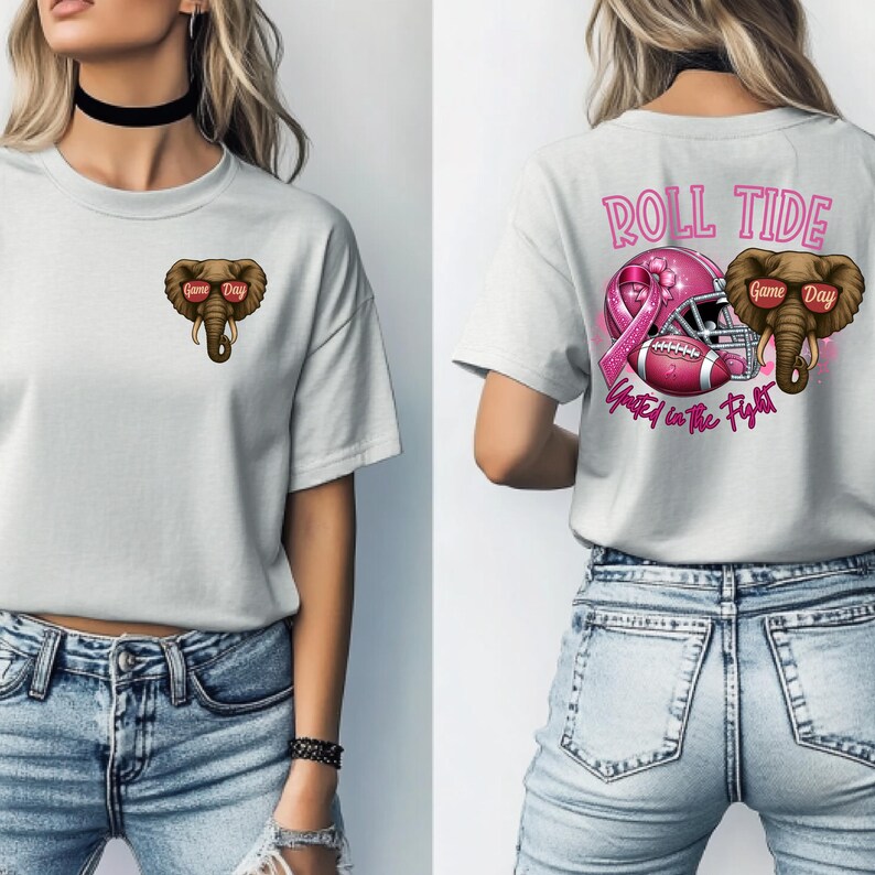 May include: A light gray t-shirt with a front graphic of a brown elephant wearing red sunglasses with the words "Game Day". The back of the shirt features a pink football helmet, a pink ribbon, and the words "Roll Tide" and "United in the Fight".